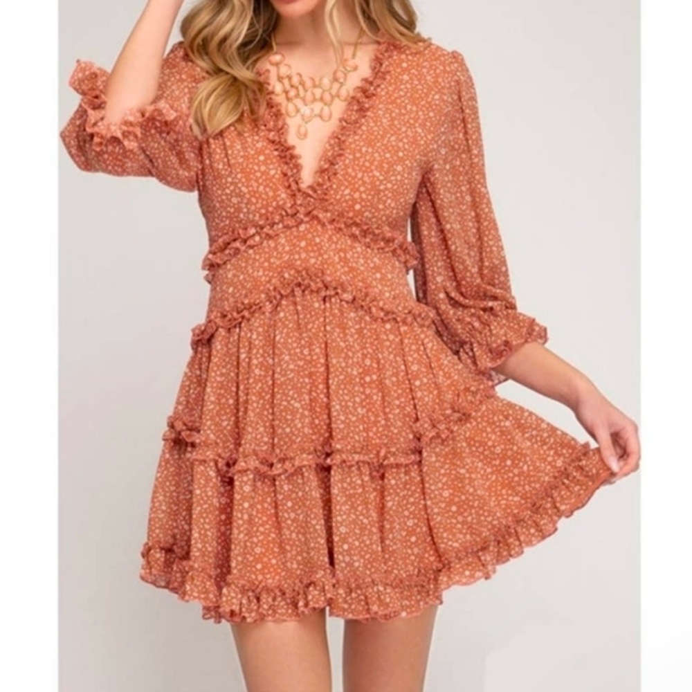 She + Sky At Heart Dress Dusty Coral Ruffles Animal Print Size Large